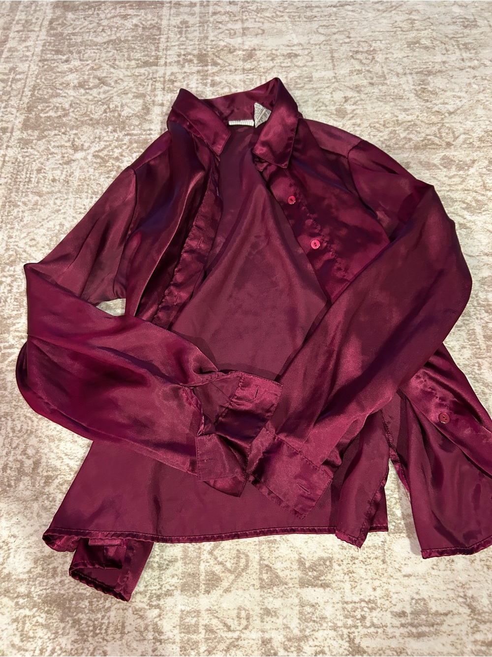 Vintage Burgundy Satin Button-Up Blouse - Women